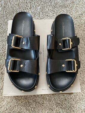 BCBGeneration Black Double Buckle Stud Slide Sandals